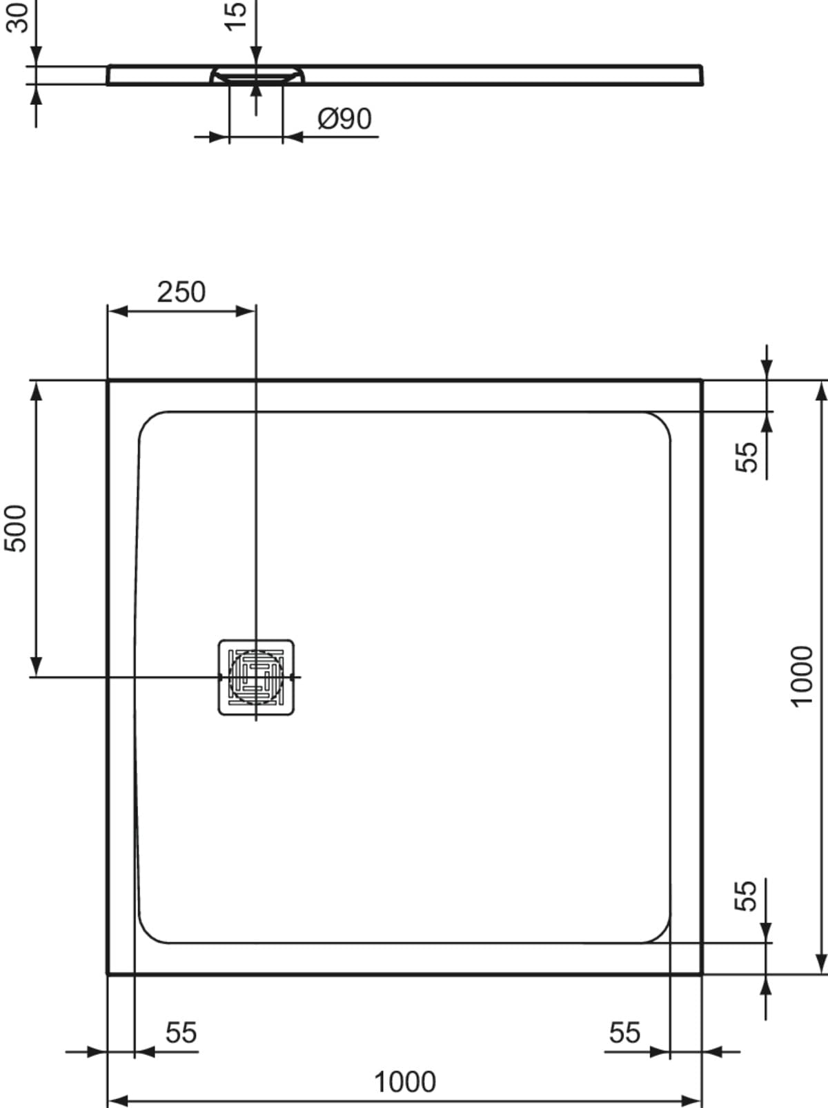 Ideal Standard - Ultra Flat S +, ultra-cienki kwadratowy talerz prysznicowy z żywicy o wyglądzie kamienia, 100 x 100 cm, idealny solidny, betonowy szary