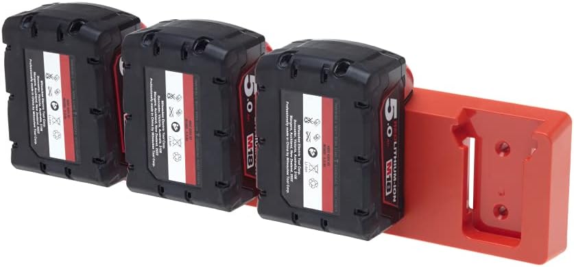 48 Tools Wall Mount Battery Holder for Milwaukee M18 18V – Heavy-Duty ABS Storage Rack, UV-Stabilized, Easy 5-Screw Install, Red Organizer for Workshop, Van, or Trailer