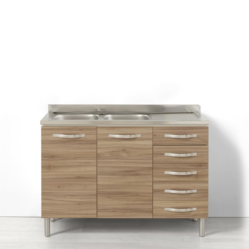 REDÒKASA Sotto lavello per cucina componibile da 120 cm con due ante e 4 cassetti (+1 estetico) linea MAKA, realizzata in legno 100% MADE IN ITALY (Con lavello Vasche a Sinistra, Noce)