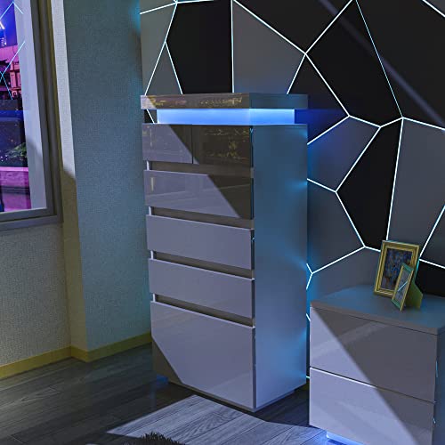 Wersmt 6 Drawer Dresser, Tall White And Grey Dresser For Bedroom Modern High Gloss Vanity Vertical Storage Cabinet With Led Light For Home, Office #TOP3