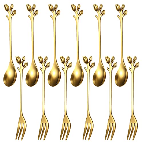 Juego de 12 cucharas de café de acero inoxidable con hoja de oro, findTop para tenedores de frutas y acero inoxidable, mini vajilla creativa (dorado) Cover