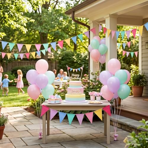 Image of Pastel Pennant Banner Flags - 12 Strings 156ft Colorful Triangle Bunting Burlap for Birthday, Classroom, Graduation, Party, Carnival, Back to School & Outdoor Decorations