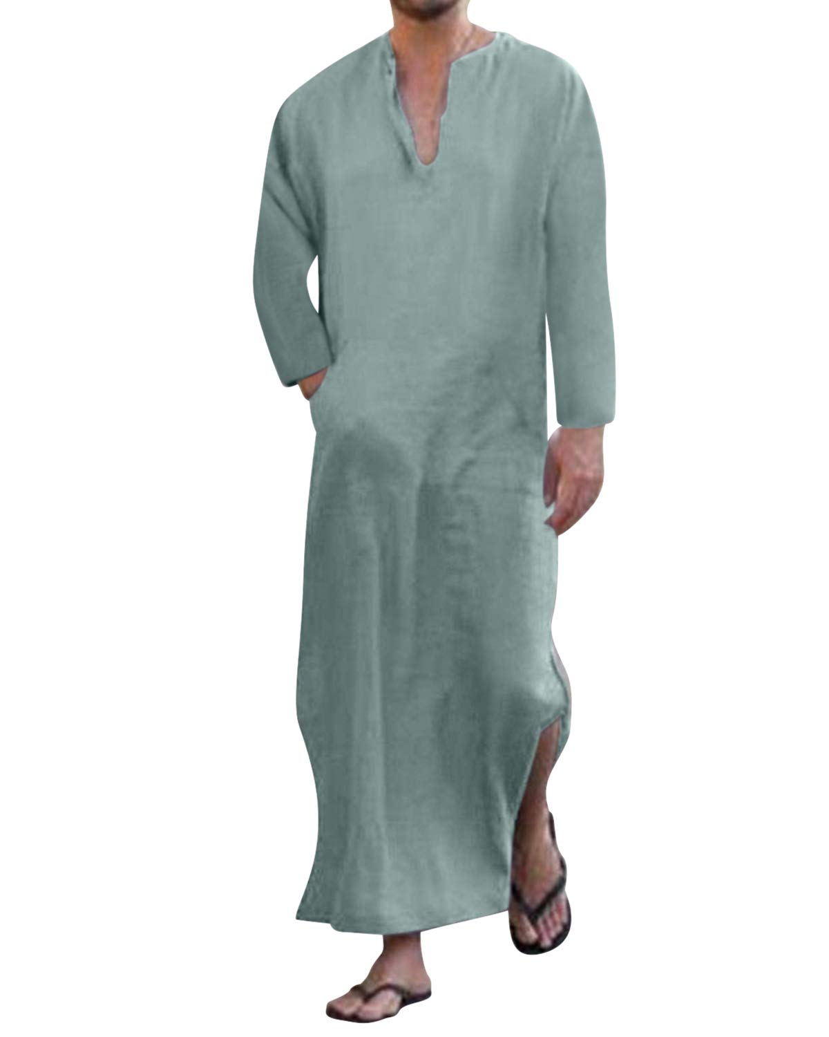 JacansiMen's V-neck Short Sleeve Robe Side Split Kaftan Cotton Long Gown Thobe S-3XL