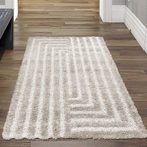 Alfombra Ensueño para salón, dormitorio, pasillo, pelo largo, suave, relieve con fácil cuidado, decorativa, elegante, moderna, duradera, acogedora, beige, 80 x 150 cm
