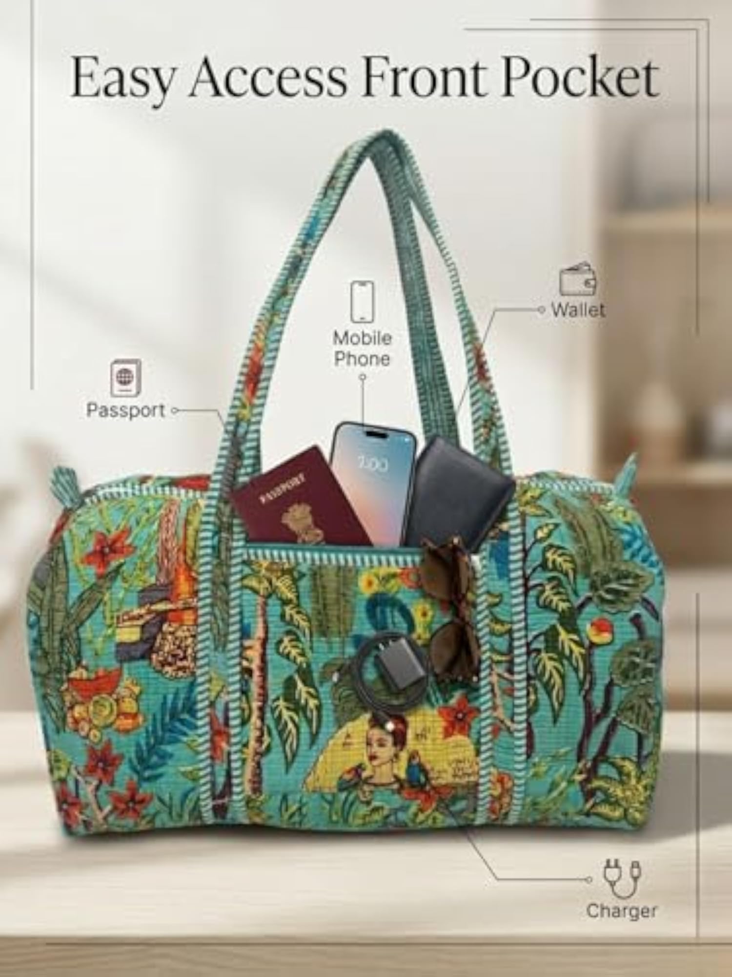 Handblock Print Cotton Quilted Duffle Bag, Eco-Friendly
