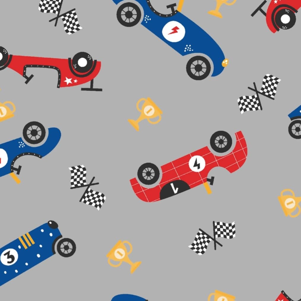 Toy Race Cars on Gray Comfy Cotton Flannel Fabric by The Yard