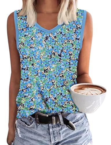 KISSMODA Womens Flora Print Tank Tops Ribbed Summer Shirt Sleeveless Summer Casual Women Blouses(S-3XL)