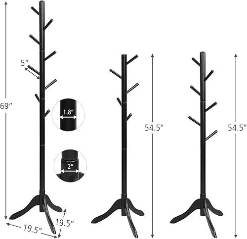 Miniatura 8 de GOFLAME Perchero independiente, perchero de madera para entrada con 8 ganchos y 4 secciones, soporte de altura ajustable para el hogar, oficina,