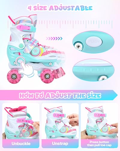 Sportneer Rollschuhe Kinder, Rollschuhe mit Seitliche Leuchtlichter und 6pcs Schutzausrüstung Rollschuhe 4 Größen Verstellbar für Mädchen, Kinder, Jugendliche, Anfänger, Drinnen und Draußen