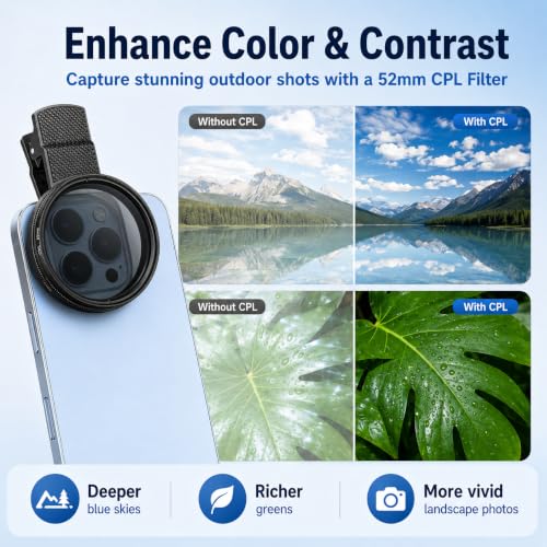 Image of 52mm CPL Polarizer Filter for Mobile Phone Camera, Clip-On Smartphone Lens Filter Kit with Adjustable Mount, Anti-Glare Circular Polarizing Lens Filter for iPhone & Android
