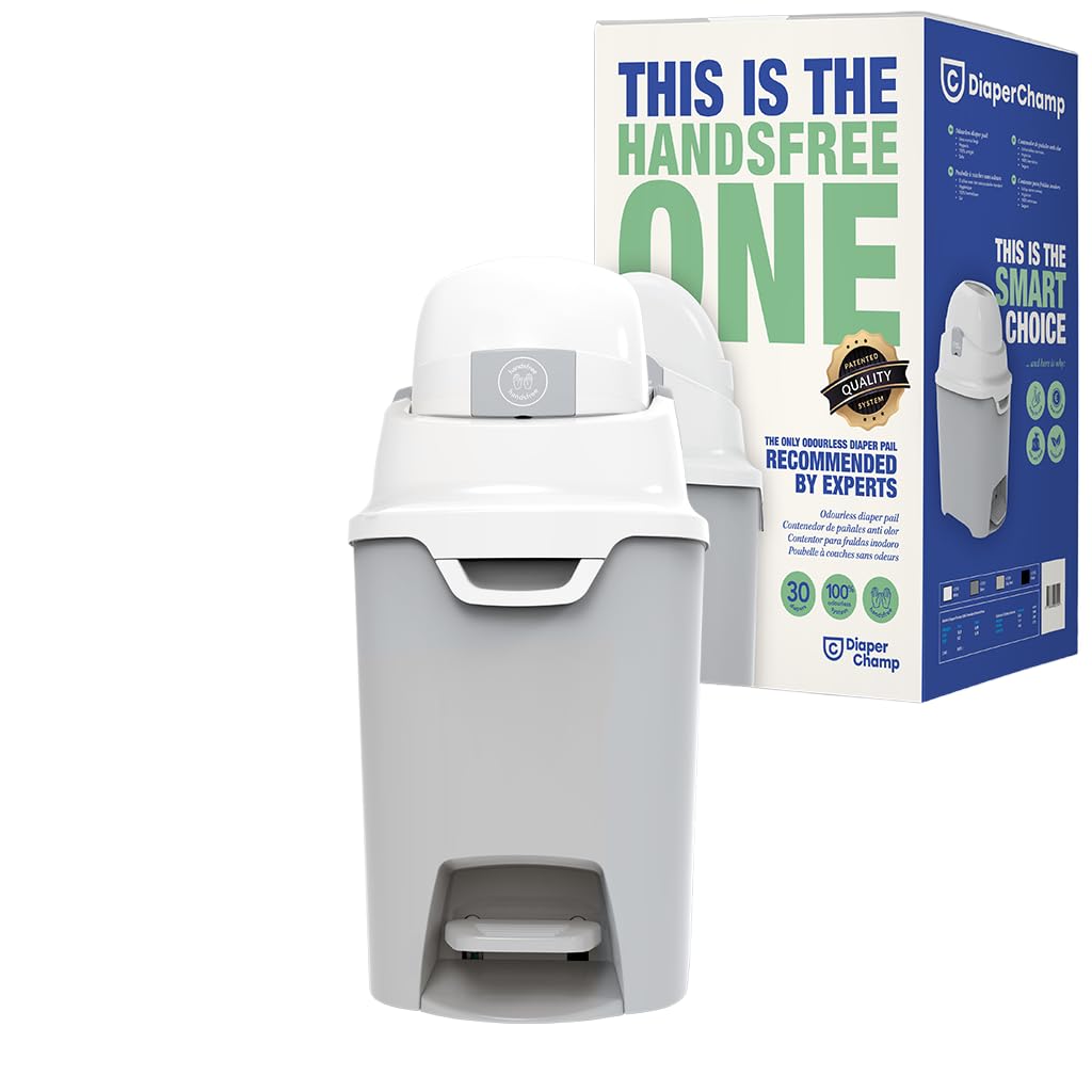 DIAPER CHAMP ONE Standard Handsfree mit Pedal - Windeleimer - geruchsdicht - berührungslose Bedienung - OHNE Nachfüllkassetten - für normale Müllbeutel - für ca. 30 Windeln - silber, weiß