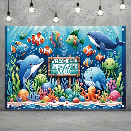 Starlit Patio Underwater World Backdrop Banner Ocean Party Decoration Cute Sea Animal Banner for Kids Birthday Baby Shower Photography Background Photo Booth Wall Decor 71 x43 Inch
