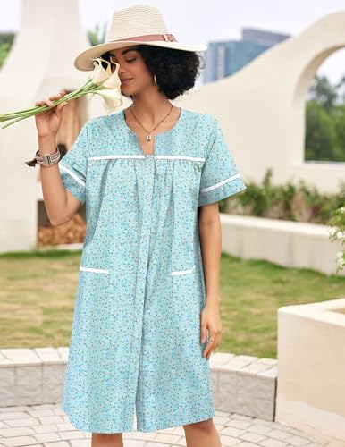 Ekouaer Sleepwear Womens Snap Front Nightgown Housecoat Cotton Duster Short Sleeve House Dress2