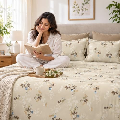 Image of Bombay Dyeing Floral Brown Super King Size Bedsheet Set (3 Pc)
