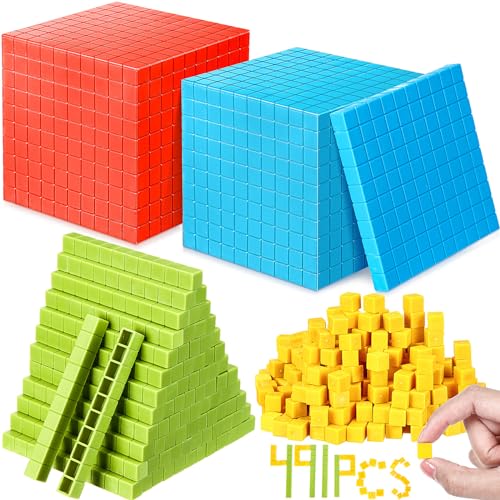RoundFunny 491 Pcs Base Ten Blocks for Math Plastic Manipulatives Cubes Place Value Blocks Number Counting Cubes for Kids Learning Kindergarten 1st 2nd 3rd Grade