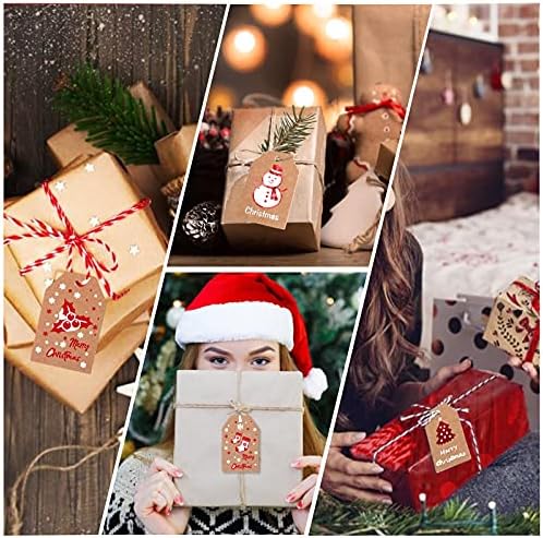 100pcs Christmas Kraft Gift Tags, Xmas Brown Kraft Paper Tags, Xmas Hanging Labels with Cotton String and Twine String for DIY Arts Christmas Decoration