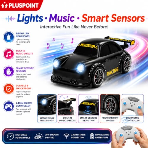 Image of PLUSPOINT Smart RC Drift Toy Car for Kids | 2.4GHz Remote Control Car with Gesture Induction, Follow me, LED Lights & Music | Rechargeable Drift Racing Car for Boys & Girls Age 3+