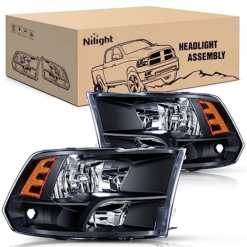 Nilight Headlight Assembly 2009 2010 2011 2012 2013 2014 2015 2016 2017 2018 Ram 1500 2500 3500 Pickup Quad Headlamp Assembly Replacement Black Housing Amber Corner Clear Lens,(Only for Quad Models) by Nilight - Used condition - US$75.17