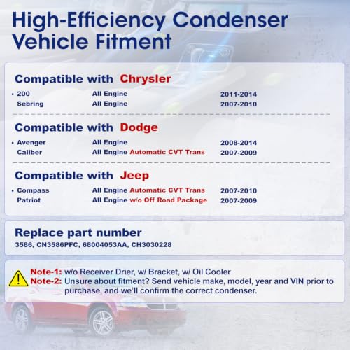 Image of Air Conditioning A /C Condenser Compatible with Chrysler 200, Sebring & Dodge Avenger, Caliber & Jeep Compass, Patriot # 3586, CN3586PFC, 68004053AA, CH3030228