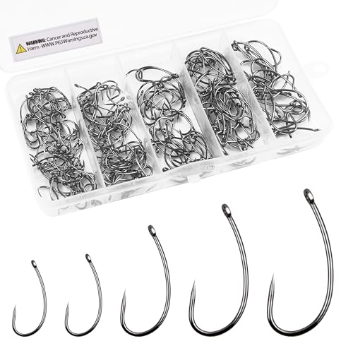 OROOTL Kit de anzóis de pesca sem farpa, 210 peças de ganchos de pesca de carpa, ganchos sem farpa, ganchos para amarrar moscas sem barba, haste curva circular, ganchos de carpa para pesca em água