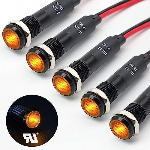 FILN 5Pcs 8MM (5/16'') Indicator Light led Indicator 110V 220V Metal Pilot Lamp Lights Aluminum Black Anodized Waterproof ip67 Red Signal Lamp Light(110V-Brass Nickel Plated-Blue 5Pcs)