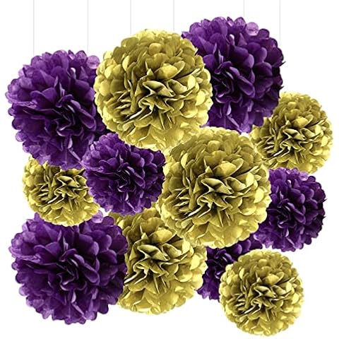 YESON Purple and Gold Tissue Paper Pom Poms Hanging Tissue Flowers Poms Decorations Pack of 12 for Wedding, Birthday,Party Backdrop Decor ect. (12", 10",Tissue Paper Flowers) Cover