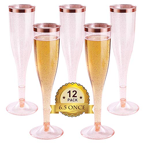 Plastic Champagne Flutes with Rose Gold Glitter and Rose Gold Rim Reusable Disposable Champagne Flutes Glasses for Wedding, Party, Cocktail, Celebration (6.5oz) (12)