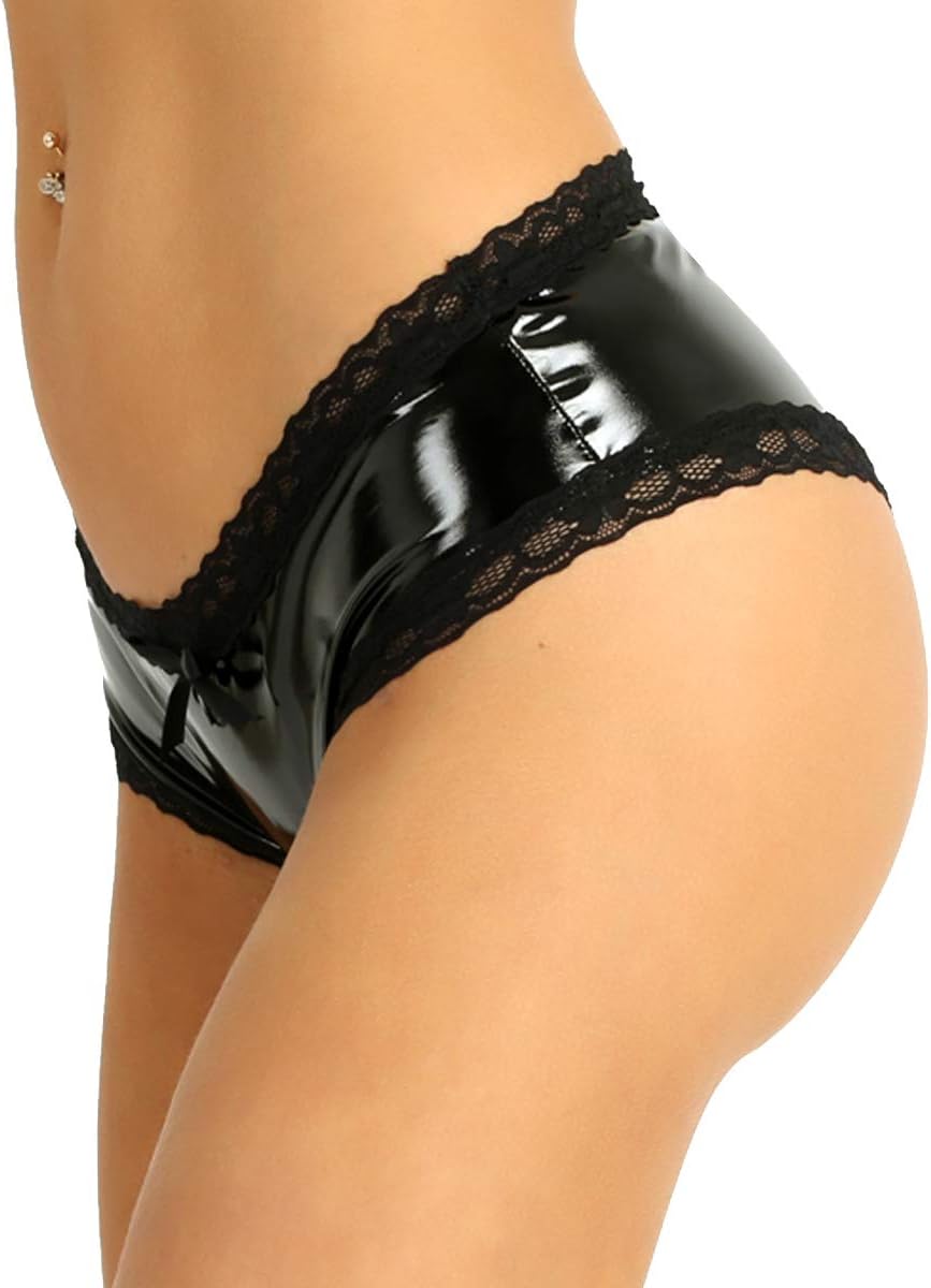 ACSUSS Women's Wet Look Patent Leather Crotchless Panties Booty Shorts Underwear