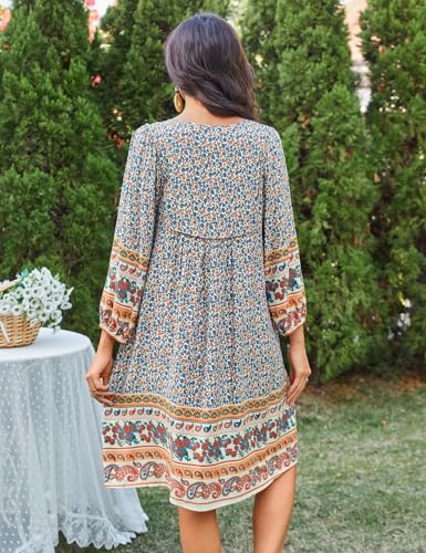 Image of Bluetime Women Casual Summer Dress Boho V Neck 3 /4 Sleeve Babydoll Floral Print Flowy Beach Dress