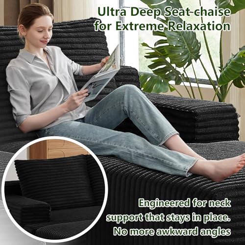 Image of 96 inch Modular Sectional Sofa, Modern Corduroy Cloud Couch with Side Pockets, Boneless Couch Upholstered 3-Seater L-Shaped Sofa for Living Room, No Assembly Required (Black, Right-Facing Chaise)