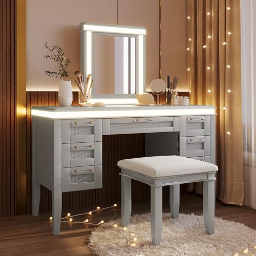 Image of 48 inch Vanity Desk with Mirror, Classic Makeup Vanity with 7 Drawers and Cushioned Stool, Hollow Design Drawer, Rubber Wood Legs, Dressing Table with Bamboo Weave Design, Easy Assembly (Grayish Blue,08)