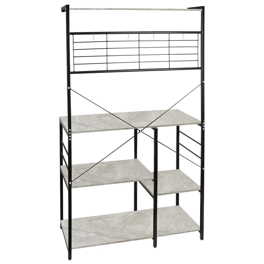 HUOLE Scaffale da cucina, mobile da cucina, bar per caffè con cesto in filo, scaffale per microonde con 8 ganci a S, per cucina, soggiorno, 42 x 90 x 167 cm (B) (aspetto calcareo)