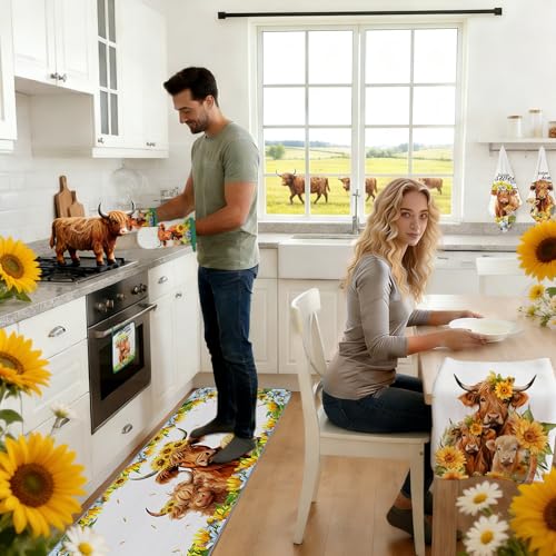 Vetoxka 10 PCS Highland Cow Decor Kitchen Accessories - Sets 4 Dish Towels 2 Pot Holders 2 Oven Mitts 2 Rugs for Home Sweet Home Sunflower Cattle Bathroom Cooking Farmhome Housewarming Baking Gifts — view 4