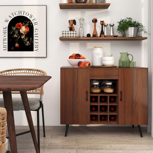 COSTWAY Wooden Buffet Sideboard, 2-Door Wine Storage Cabinet with Removable 9-Bottle Wine Rack, Drawer & Adjustable Shelves for Dining Room - Image 2