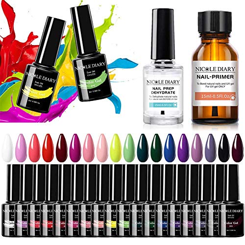 NICOLE DIARY Gel Nail Polish Starter Kit 18 Colors With Top Coat Base Coat and Nail Prep Dehydrate Bond Nail-Primer Set Popular Nude Dark Shade Colors Collection Manicure Kit