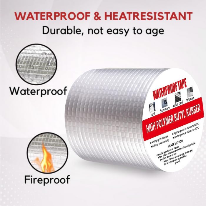 Image of Waterproof Tape Aluminium Rubber Tape Pipe Leakage Roof Water Leakage Solution Aluminum Adhesive Tape Waterproof Adhesive Tape Sealing Butyl Rubber Tape (8 INCH -1)