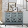 Sophia William Sideboard and Buffet with Storage 3 Door Hollow Carved Accent Cabinet Distressed Wood Storage Cabinet Cupboard for Kitchen Dining Room Living Room Entryway Blue