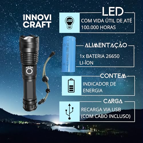 Lanterna Tática T9 Militar Super Potente Led Recarregável USB com Zoom Longo Alcance para Trilhas Si