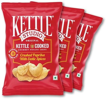 Kettle Studio Kettle-Cooked Potato Chips Crushed Paprika with Exotic Spices | Crunchy, Thick Cut, Gluten-Free Snack | Spicy Potato Chips | Party Snack | 120g Pack of 3