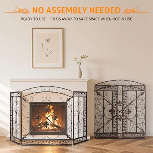 Image of WICHEMI 3 Panel Fireplace Screen for Fireplace Gate Decorative Fireplace Screens Stand Alone 52.4 x 31inch Wrought Iron Black Metal Spark Guard Fireguards Mesh Cover Fence Fire Place Cover (Bronze)