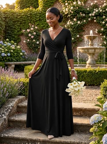 Image of PinkPatty Plus Size Maxi Dresses for Women Casual Flowy Long Dress 3 /4 Sleeve V Neck Wrap Dress with Belt