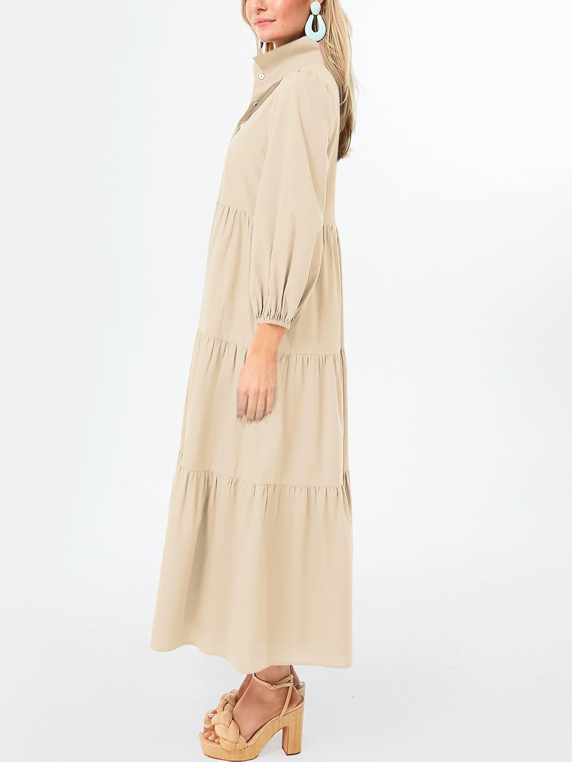 Wenrine Womens Casual Button Shirt Dress V Neck 3/4 Sleeve Tiered Collared Flowy Maxi Dress Beige - Image 6