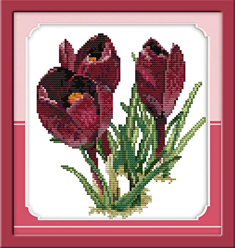 Point de Croix en Tissu 11CT Tulipe Violette Motif Estampé Multicolore