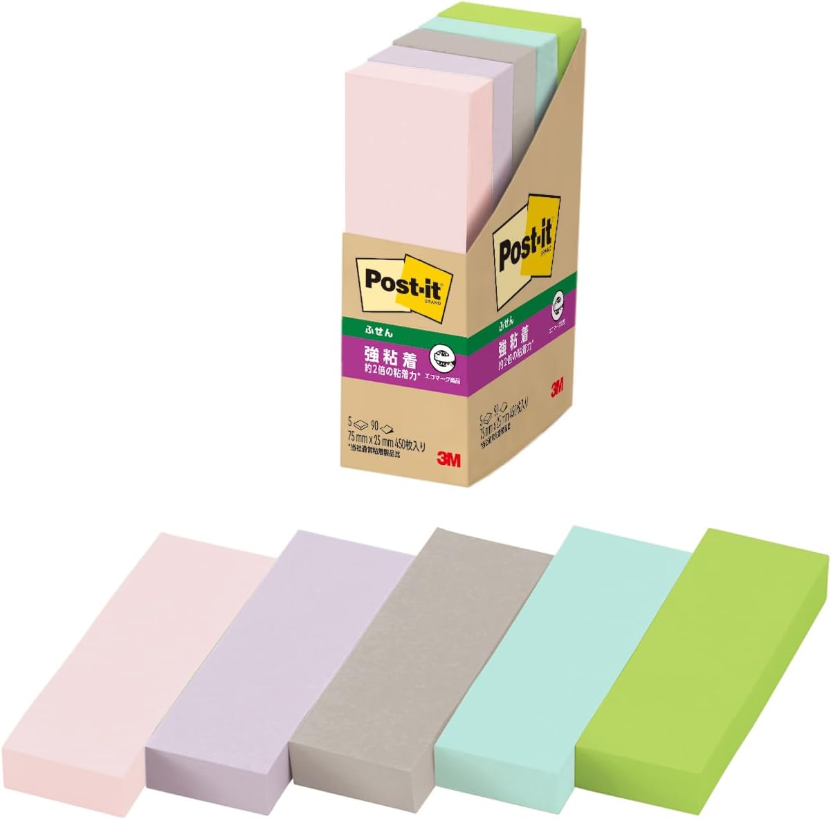 Post-it 500-5SSAP2 Strong Adhesive Sticky Notes, Rectangle Recycled Paper, 3.0 x 1.0 inches (75 x 25 mm), 90 Sheets x 5 Pads