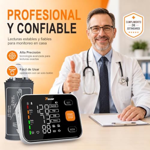 Miniatura 2 de Yisunf Tensiómetro De Brazo Digital Automático Para Uso Doméstico, Monitor De Presión Arterial Y Frecuencia Cardíaca Con Pantalla Led, 2 120 Registros, Usb-C Y Manguito Ajustable 22 42 Cm
