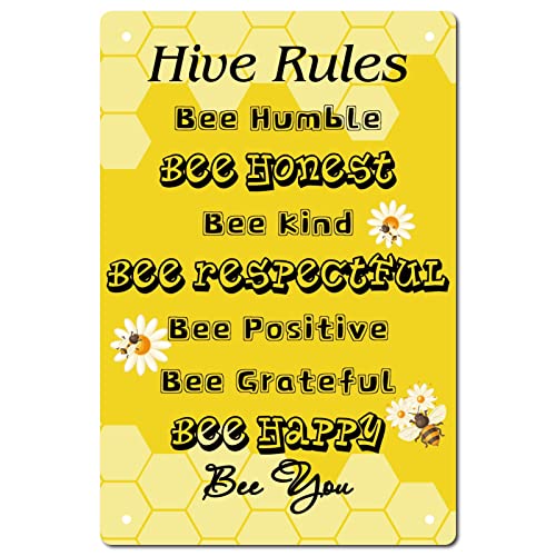 Image of CREATCABIN Metal Tin Sign Hive Rules Bee Happy Retro Vintage Funny Wall Decor Art Mural Hanging Iron Painting Poster Plaque for Home Garden Bar Pub Kitchen Living Room Office Garage 8 x 12inch
