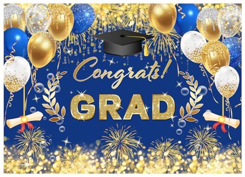 AIIKES 7x5FT Fondo de Graduación Sombrero de Bachelor Globo Fuegos Artificiales Azul Graduación Fiesta Decoración Banner Fondo Felicitaciones Graduación Fondo Fotografía Fondo 12-539