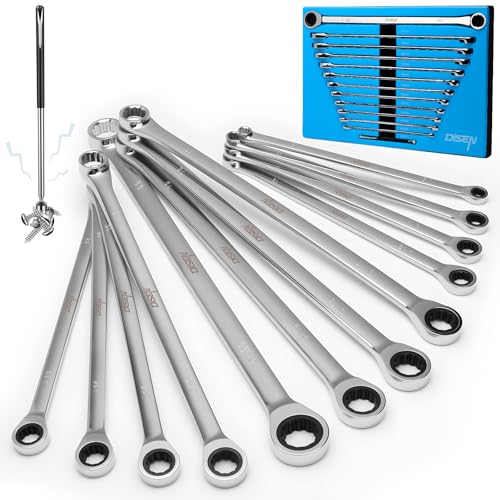 DISEN 12 + 1 pcs Extra Long Ratchet Wrench Set, Metric 8-22mm Double Box End Ratcheting Wrench Set with a Magnetic Pickup Tool, Secret Santa Gifts for Men, Stocking Fillers for Men Christmas Birthday by DISEN - Used condition - US$53.99