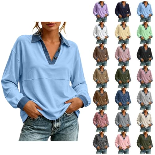 XINGJIAARTS V Neck Sweatshirt Women Oversized Patchwork Denim Button up Collared Tops Long Sleeve Leopard Printed Pullover - image 1