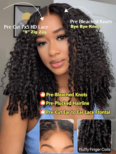 Image of Bye Bye Knots Curly Human Hair Wig with Finger Coil Ends 22inch | 7x5 HD Pre Cut Lace Pre Bleached Invisible Knots 150% Density Put On and Go Glueless Curly Wigs for Beginner
